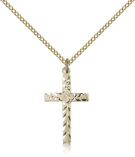 Women's Textured Etched Cross Necklace - 14KT Gold Filled