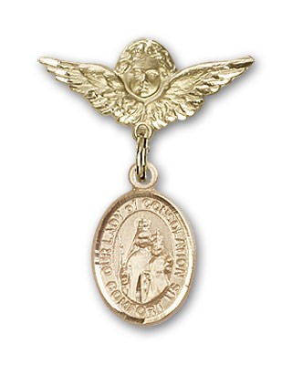 Pin Badge with Our Lady of Consolation Charm and Angel with Smaller Wings Badge Pin - 14K Solid Gold