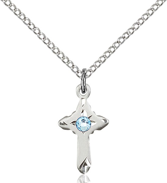 Child's Pointed Edge Cross Pendant with Birthstone Options - Aqua