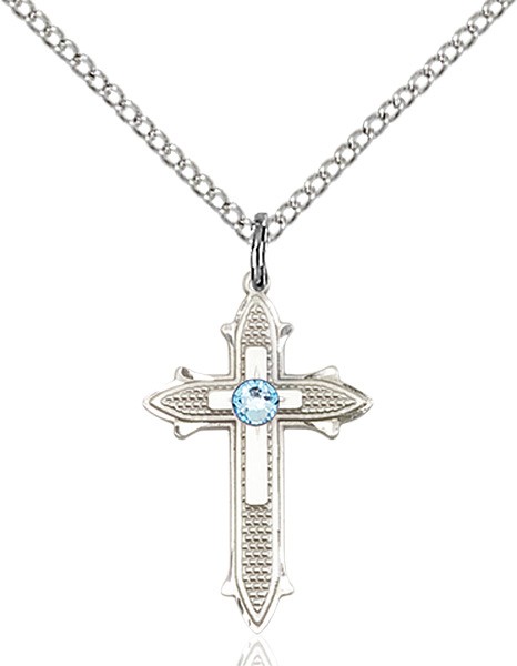 Polished and Textured Cross Pendant with Birthstone Options - Aqua