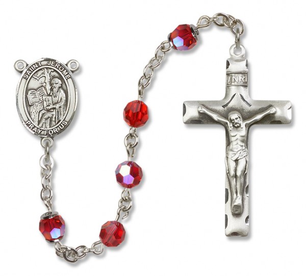 St. Jerome Sterling Silver Heirloom Rosary Squared Crucifix - Ruby Red