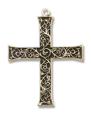 Antique Finish with Scroll Accent Men's Cross Pendant - 14K Solid Gold