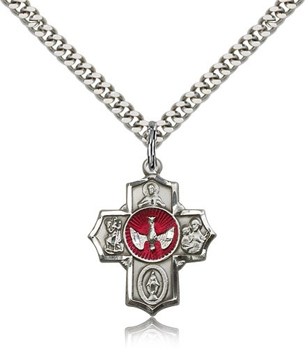 Red Enamel Descending Dove 5-Way Pendant - Sterling Silver