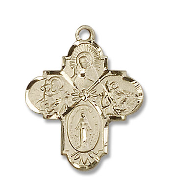 Girl's Dainty 4-Way Pendant with Flower Center - 14K Solid Gold
