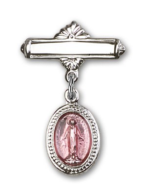Baby Pin with Pink Miraculous Charm and Polished Engravable Badge Pin - Silver | Pink