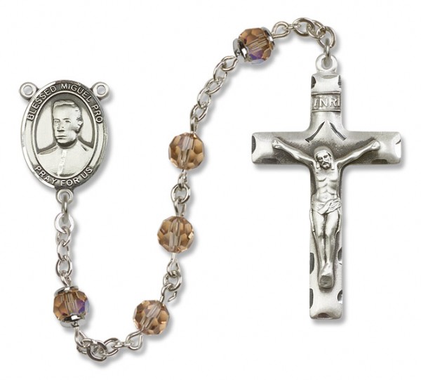 Blessed Miguel Pro Sterling Silver Heirloom Rosary Squared Crucifix - Topaz
