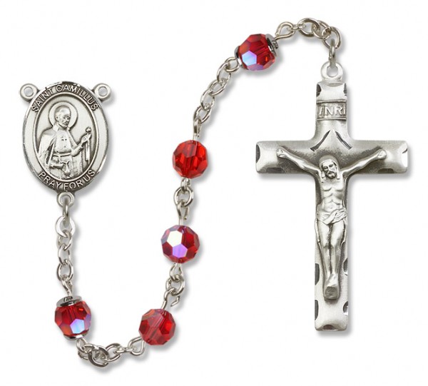St. Camillus of Lellis Sterling Silver Heirloom Rosary Squared Crucifix - Ruby Red