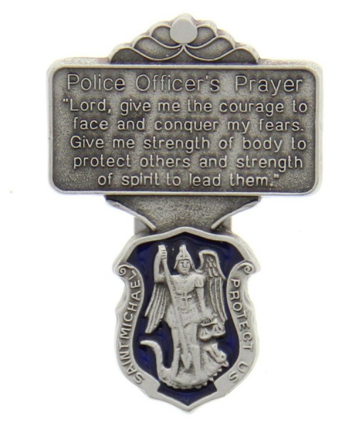 St. Michael Police Officer Prayer Visor Clip, Blue Enamel, Pewter - 2 1/4&quot;H - Silver
