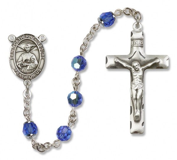 St. Catherine Laboure Sterling Silver Heirloom Rosary Squared Crucifix - Sapphire