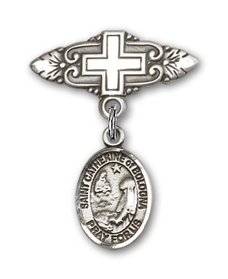 Pin Badge with St. Catherine of Bologna Charm and Badge Pin with Cross - Silver tone