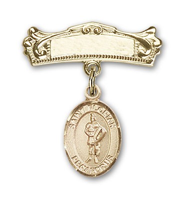 Pin Badge with St. Florian Charm and Arched Polished Engravable Badge Pin - Gold Tone