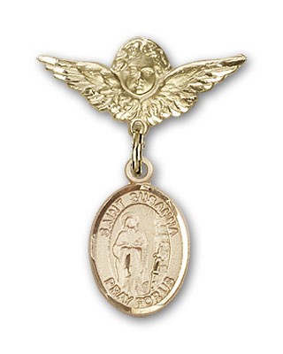 Pin Badge with St. Susanna Charm and Angel with Smaller Wings Badge Pin - 14K Solid Gold