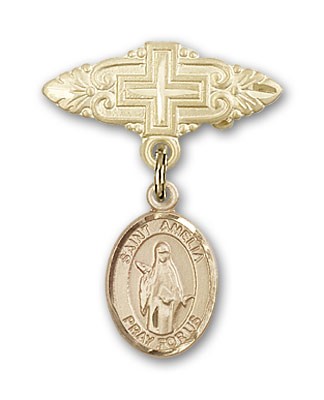 Pin Badge with St. Amelia Charm and Badge Pin with Cross - Gold Tone