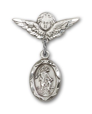 Baby Pin with Guardian Angel Charm and Angel with Smaller Wings Badge Pin - Silver tone