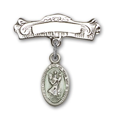 Pin Badge with St. Christopher Charm and Arched Polished Engravable Badge Pin - Sterling Silver | Blue Enamel