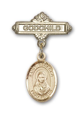 Pin Badge with St. Rebecca Charm and Godchild Badge Pin - Gold Tone