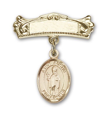 Pin Badge with St. Austin Charm and Arched Polished Engravable Badge Pin - Gold Tone