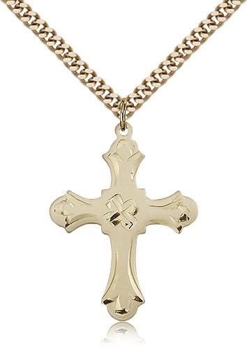 Women's Budded Edge Floral Center Cross Pendant - 14KT Gold Filled