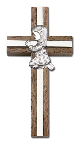 Praying Girl Cross in Walnut 4&quot; with Metal Inlay - Silver tone
