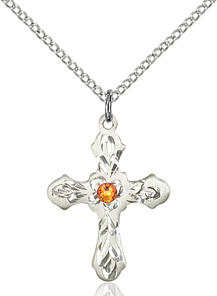 Medium Floral and Petal Cross Pendant with Birthstone Options - Topaz