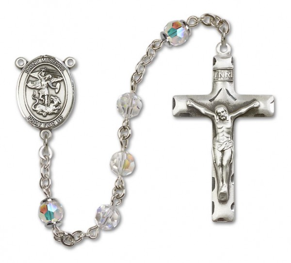 St. Michael the Archangel Sterling Silver Heirloom Rosary Squared Crucifix - Crystal