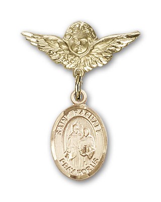 Pin Badge with St. Raphael the Archangel Charm and Angel with Smaller Wings Badge Pin - Gold Tone