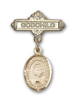 Pin Badge with St. John Baptist de la Salle Charm and Godchild Badge Pin - Gold Tone