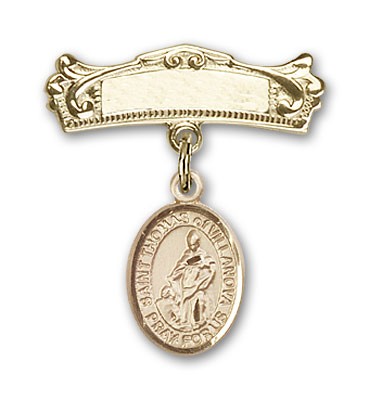 Pin Badge with St. Thomas of Villanova Charm and Arched Polished Engravable Badge Pin - Gold Tone