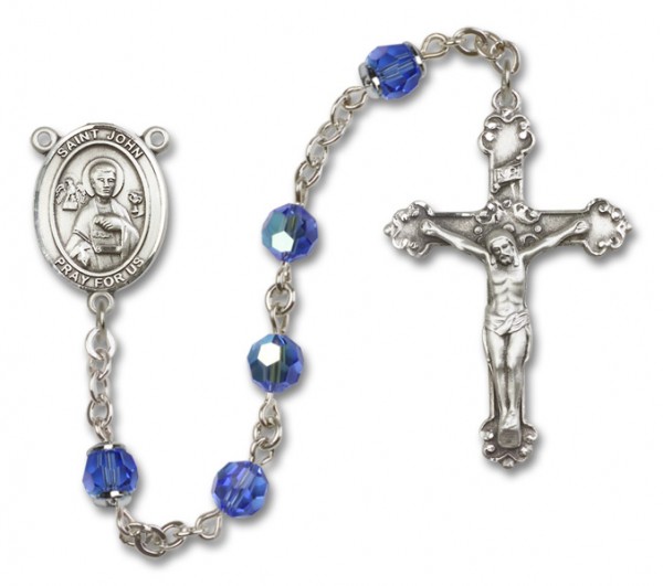 St. John the Apostle Sterling Silver Heirloom Rosary Fancy Crucifix - Sapphire