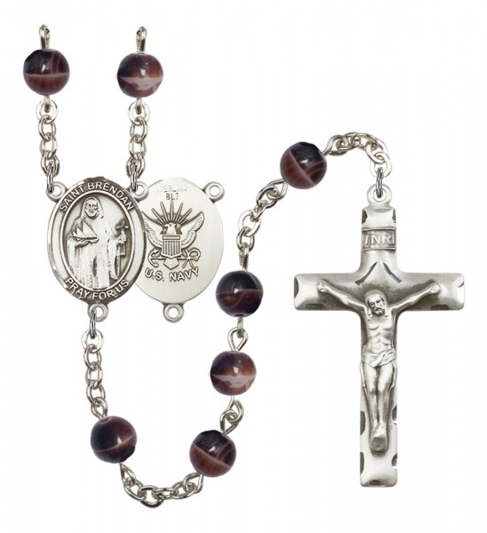 Men's St. Brendan the Navigator Navy Silver Plated Rosary - Brown