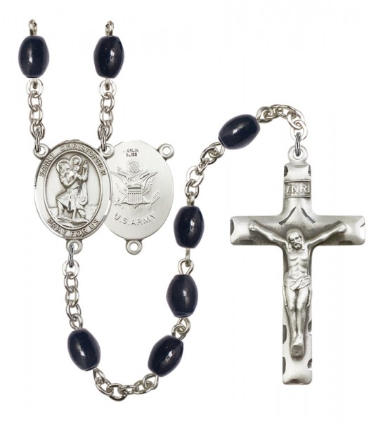 Men's St. Christopher Army Silver Plated Rosary - Black Oval