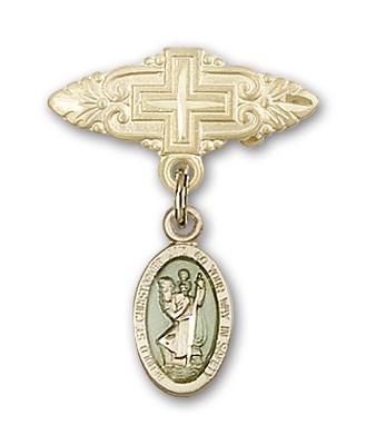 Pin Badge with St. Christopher Charm and Badge Pin with Cross - 14KT Gold Filled | Blue Enamel