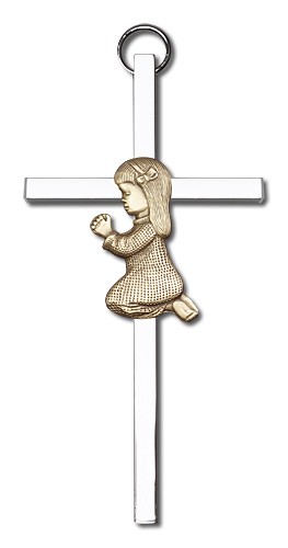 Praying Girl Cross  4&quot; - Two-Tone Silver