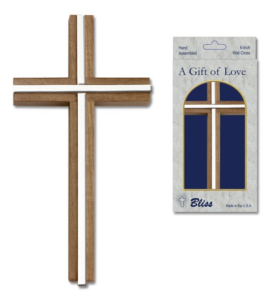 Wall Cross Walnut with Metal Inlay 6&quot; - Silver tone