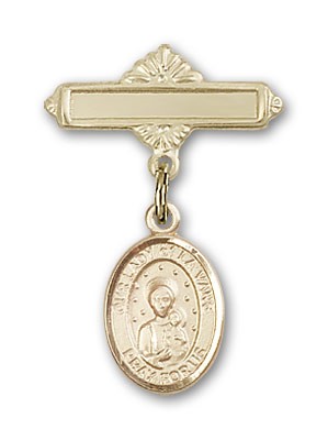 Pin Badge with Our Lady of la Vang Charm and Polished Engravable Badge Pin - Gold Tone