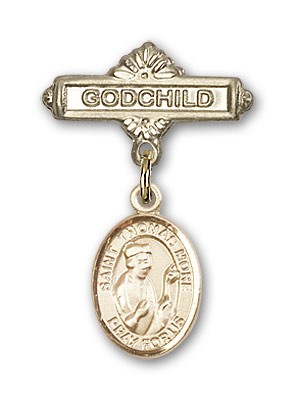 Pin Badge with St. Thomas More Charm and Godchild Badge Pin - Gold Tone