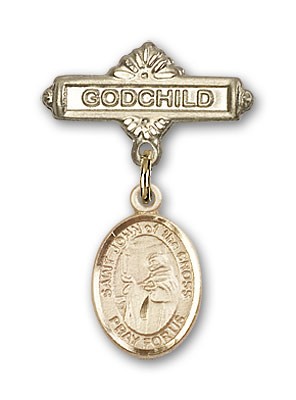 Pin Badge with St. John of the Cross Charm and Godchild Badge Pin - 14K Solid Gold