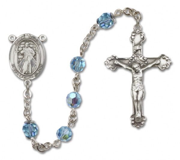 Divine Mercy Sterling Silver Heirloom Rosary Fancy Crucifix - Aqua