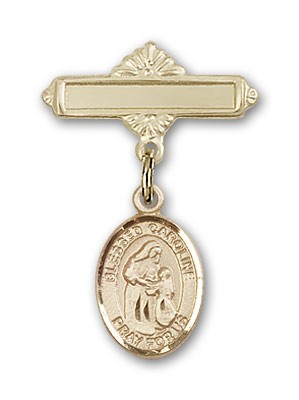 Pin Badge with Blessed Caroline Gerhardinger Charm and Polished Engravable Badge Pin - 14K Solid Gold