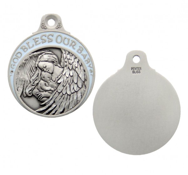 Boy's Blue Ribbon Guardian Angel Crib Medal in Pewter - Silver | Blue