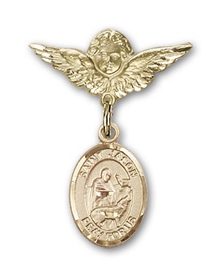 Pin Badge with St. Jason Charm and Angel with Smaller Wings Badge Pin - 14K Solid Gold