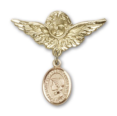 Pin Badge with St. Elizabeth Ann Seton Charm and Angel with Larger Wings Badge Pin - Gold Tone