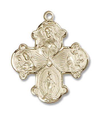 Men's Wide Tip Four Way Medal with Radiant Heart Center - 14K Solid Gold