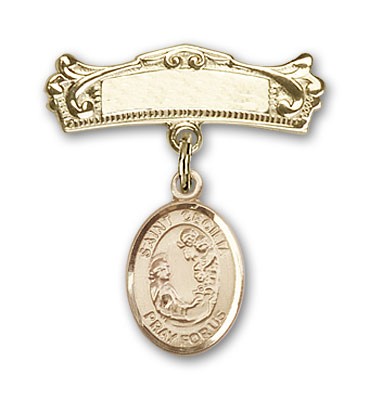 Pin Badge with St. Cecilia Charm and Arched Polished Engravable Badge Pin - 14K Solid Gold