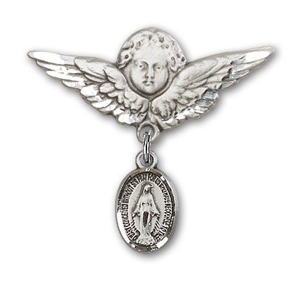 Baby Pin with Miraculous Charm and Angel with Larger Wings Badge Pin - Silver tone