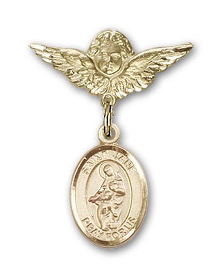 Pin Badge with St. Jane of Valois Charm and Angel with Smaller Wings Badge Pin - 14K Solid Gold