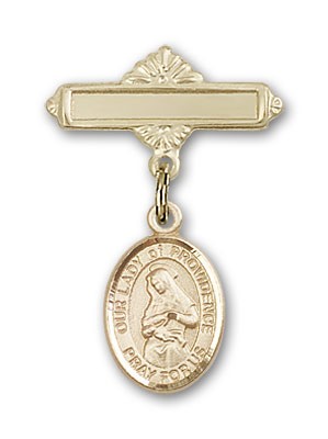 Pin Badge with Our Lady of Providence Charm and Polished Engravable Badge Pin - 14K Solid Gold