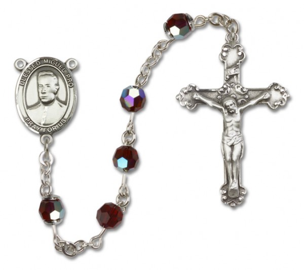 Blessed Miguel Pro Sterling Silver Heirloom Rosary Fancy Crucifix - Garnet