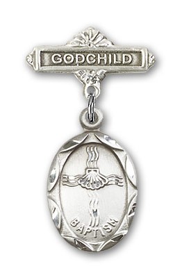 Baby Pin with Baptism Charm and Godchild Badge Pin - Silver tone