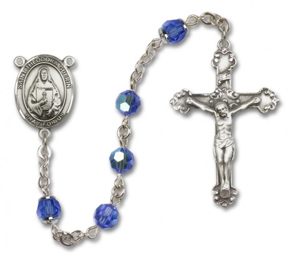 St. Theodora Guerin Sterling Silver Heirloom Rosary Fancy Crucifix - Sapphire